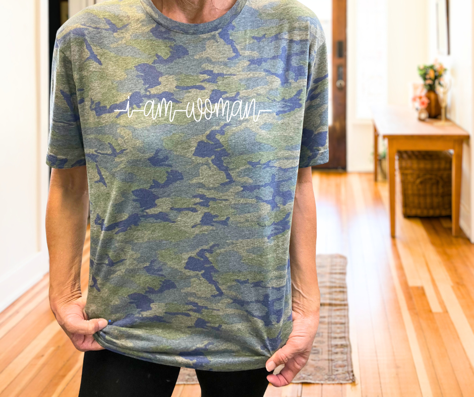 I am woman, camo tee