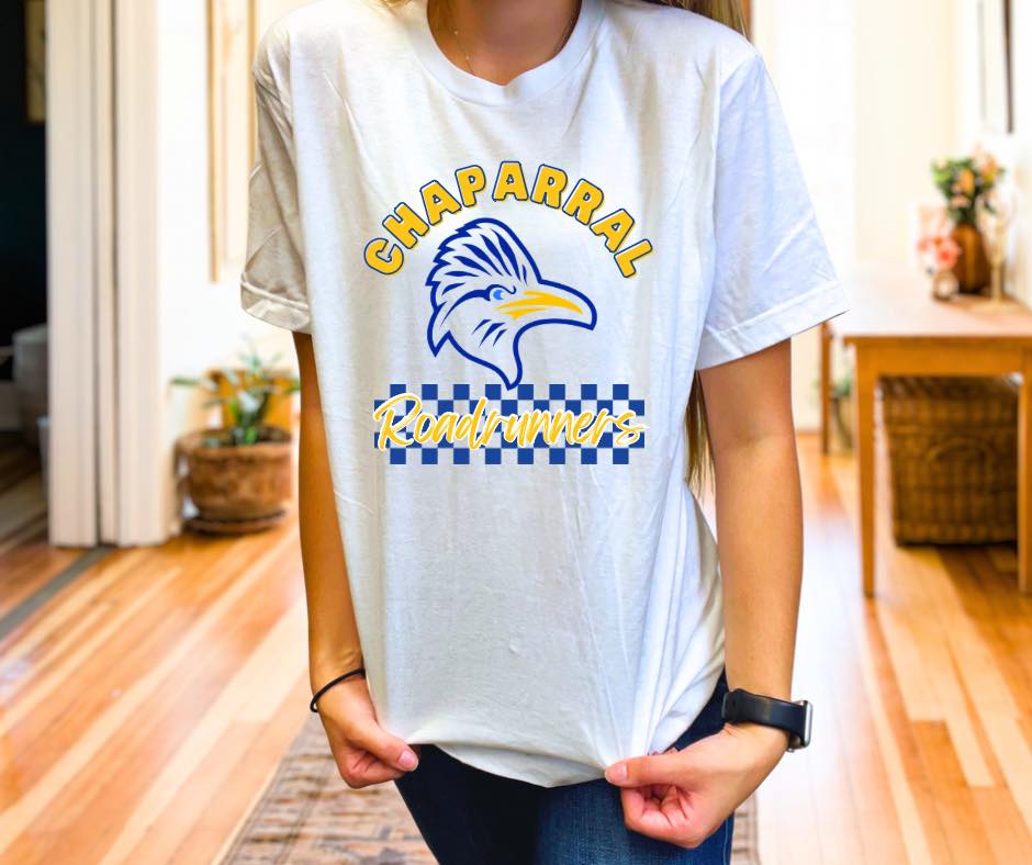 Checkered Roadrunners, tee in toddler, youth, & adult